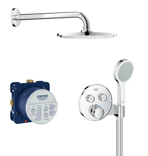 Grohe Grohtherm SmartControl brusesystem, 2 ventiler & Rainshower Cosmopolitan hovedbruser Ø21 cm, krom