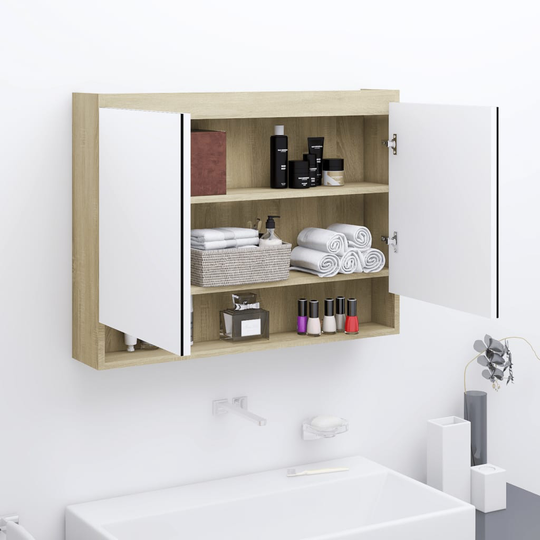 vidaXL badeværelsesskab med spejl 80x15x60 cm MDF hvid og egetræsfarvet