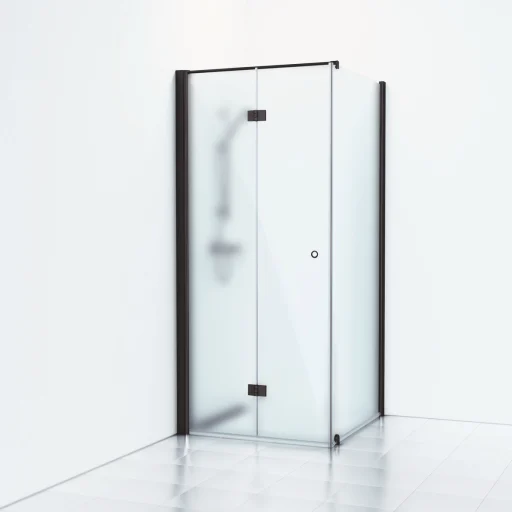 Svedbergs Skoga Brusehjørne 80 x 93 cm, foldedør og fast væg, frostet glas/matsort