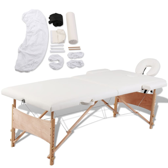 vidaXL massagebord 2 zoner foldbart træstel cremefarvet + tilbehørssæt
