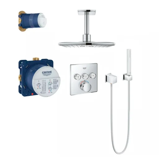 Grohe Grohtherm SmartControl Cube brusesystem m/termostat, 3 ventiler, indbygningsdele & Rainshower SmartActive hovedbruser 310x310 mm, krom