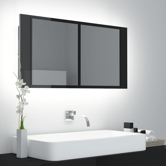 vidaXL badeværelsesskab m. spejl og LED-lys 90x12x45 cm sort højglans