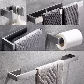 tilbehørssæt til badeværelsesudstyr inkluderer morgenkåbekrog, håndklædestang, håndklædeholder, toiletpapirholder, selvklæbende børstet rustfrit stål sølvfarve