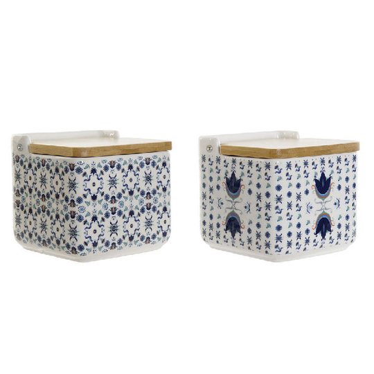 Saltbøsse med låg DKD Home Decor Flise Blå Hvid Bambus Dolomite (12.5 x 12.5 x 12 cm) (2 pcs)