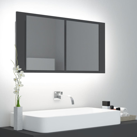 vidaXL badeværelsesskab m. spejl + LED-lys 90x12x45 cm grå