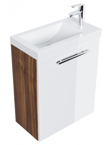 Komplet badmiljø med spejl i mdf og mineralsten H50,5 x B40 cm - Hvid højglans/Valnød