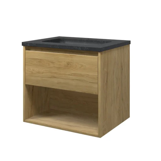 Sanibell Proline møbelpakke 60x46 cm, skuffe og åben hylde, stenvask, ideal eg
