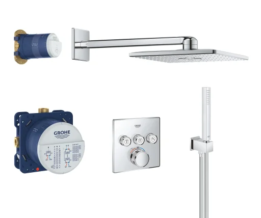 Grohe Grohtherm SmartControl Cube brusesystem, 3 ventiler & Rainshower SmartActive hovedbruser, krom