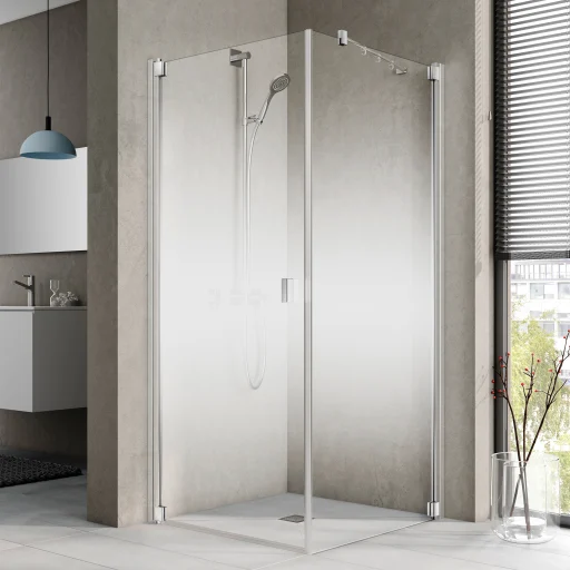 Kermi Raya 1KL brusedør 90x200 cm, venstrevendt, til fast væg eller med 1KR dør, klart glas/120 cm frostet glas