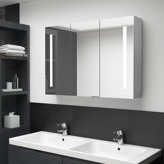 vidaXL badeværelsesskab m. spejl + LED-lys 89x14x62 cm betongrå