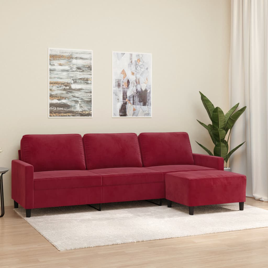 vidaXL 3-personers sofa med fodskammel 210 cm velour vinrød