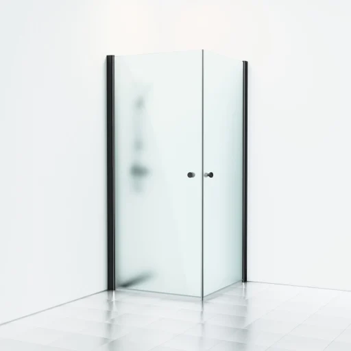 Svedbergs Skoga Brusehjørne 70 x 80 cm, frostet glas/matsort, m/knopgreb