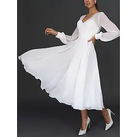 Dame Festkjole Swing Kjole Hvid kjole Lang kjole Maxikjole Hvid Langærmet Ren farve Net Efterår Forår V-hals Elegant Bryllup Fest Vinter kjole 2023 S M L XL XX