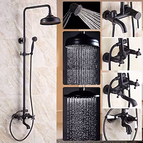 brusehane, regnbrusersystem med håndbruser, messing antik kobber sort galvaniseret finish vintage stil to håndtag tre huller badekar bruser blandingsbatterier