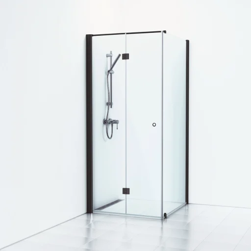 Svedbergs Skoga Brusehjørne 90 x 93 cm, foldedør og fast væg, klart glas/matsort
