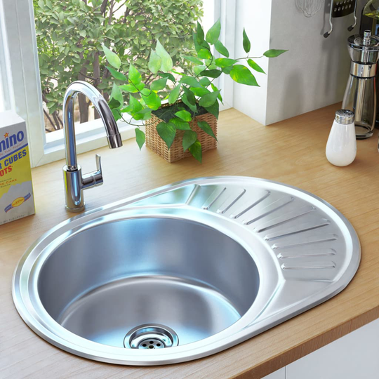 vidaXL køkkenvask med strainer og vandlås oval rustfrit stål