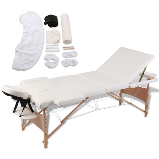 vidaXL massagebord 3 zoner foldbart træstel cremefarvet + tilbehørssæt
