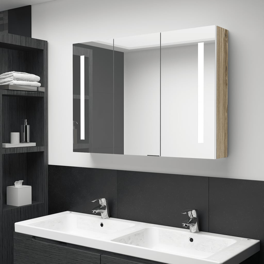 vidaXL badeværelsesskab m. spejl + LED-lys 89x14x62 cm hvid og eg