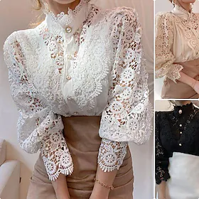 Dame Bluse Hul Ensfarvet Elegant og luksuriøst Krave Standard Vinter Sort Abrikos Hvid