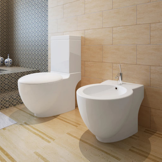 Stående toilet og bidet sæt, hvidt, keramisk