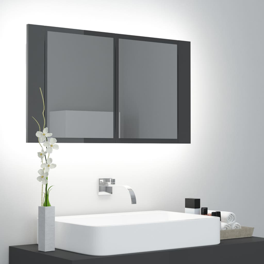 vidaXL badeværelsesskab m. spejl og LED-lys 80x12x45 cm grå højglans