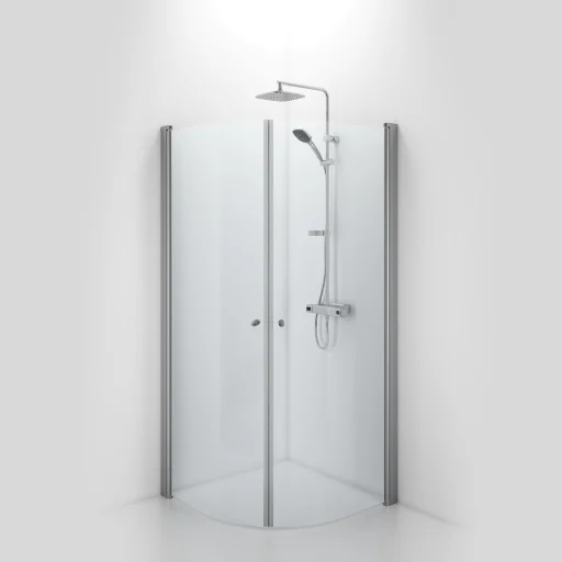 Ifö Space afrundet Brusehjørne 90 x 90 cm, klart glas/alu profil, m/knopgreb