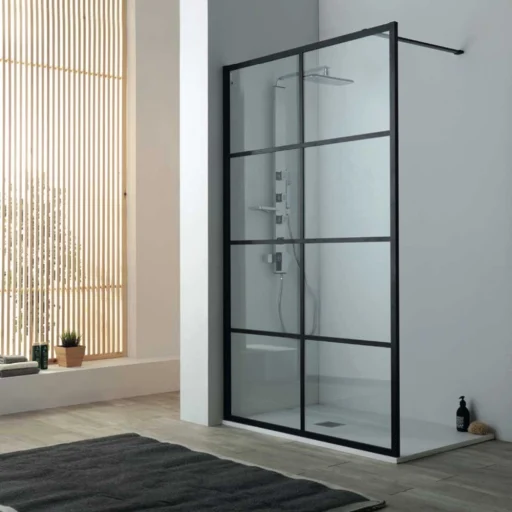Lavabo Walk in brusevæg 90x200 cm, med midtersprosse, klart glas/mat sort
