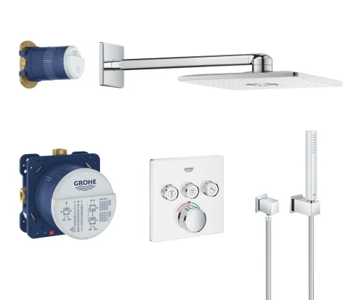 GROHE Grohtherm SmartControl Cube Brusesystem m/Termostat, 3 ventiler & Rainshower SmartActive hovedbruser 310 x 310 mm, Hvid glas