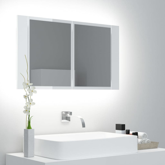 vidaXL badeværelsesskab m. spejl og LED-lys 80x12x45 cm hvid højglans