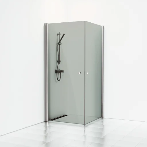 Svedbergs Skoga Brusehjørne 90 x 90 cm, røgfarvet glas/mat alu, m/hulgreb