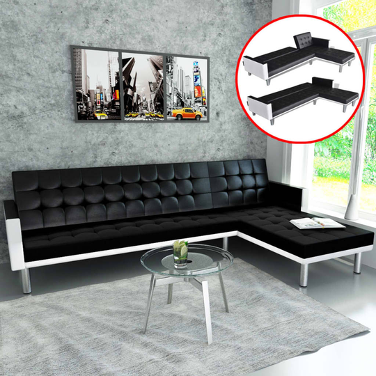 vidaXL L-formet sovesofa i sort kunstlæder