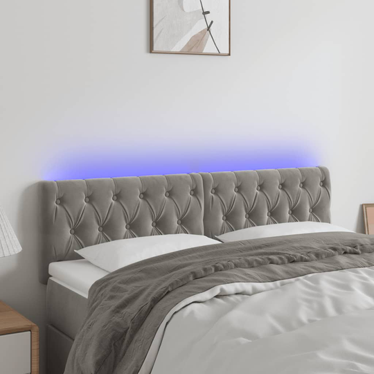 vidaXL sengegavl med LED-lys 160x7x78/88 cm velour lysegrå