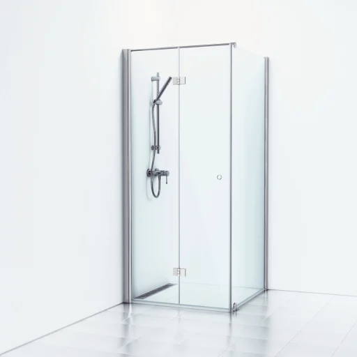 Svedbergs Skoga Brusehjørne 80 x 73 cm, foldedør og fast væg, klart glas/blank alu