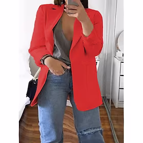 Dame Plus størrelse Blazer Lomme Knap Arbejde Langærmet Toppet revers Normal Efterår Vinter Hot Pink Vinrød Hudpulver L XL 2XL 3XL 4XL / Plusstørrelser