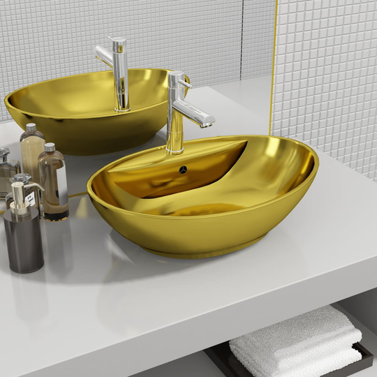 vidaXL håndvask med overløb 58,5 x 39 x 21 cm keramik guldfarvet