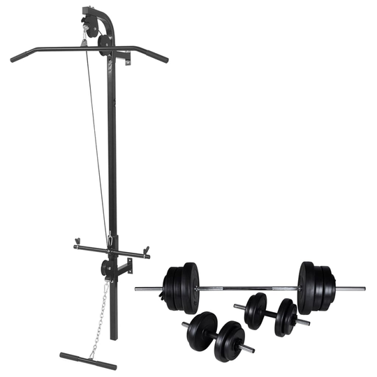 vidaXL vægmonteret styrketårn med vægtstang- og håndvægtsæt 60,5 kg