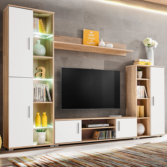 vidaXL skabssæt med tv-skab og LED-lys sonoma-eg og hvid