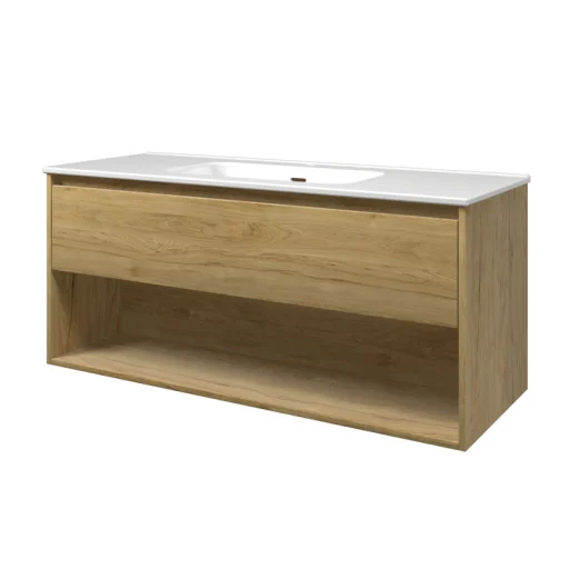 Sanibell Proline møbelpakke 120x46 cm, skuffe og åben hylde, porcelænsvask, ideal eg