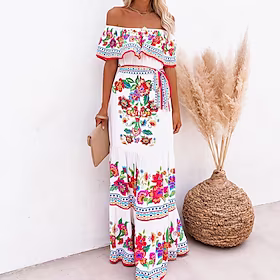 kvinders swingkjole boho kjole lang kjole maxi kjole sort blå gul kortærmet blomstret kold skulder forår sommer off shoulder romantisk ferie sommerkjole forårs