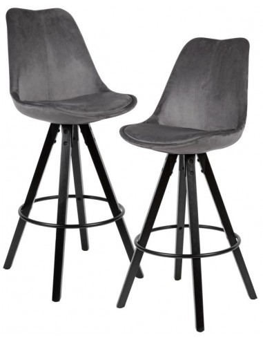 2 x Barstole i træ og velour H113 cm - Sort/Grå