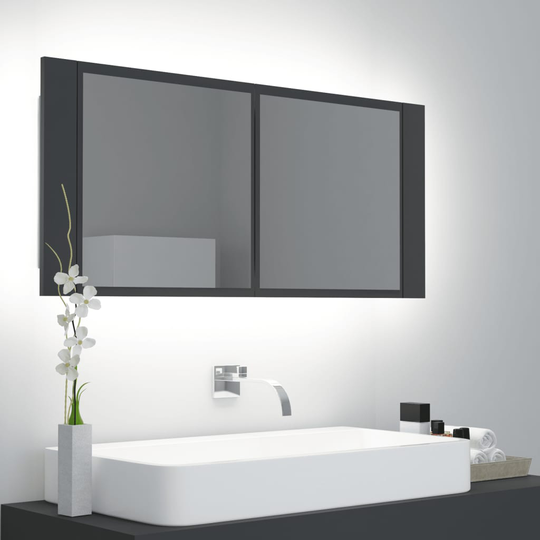 vidaXL badeværelsesskab m. spejl + LED-lys 100x12x45 cm grå