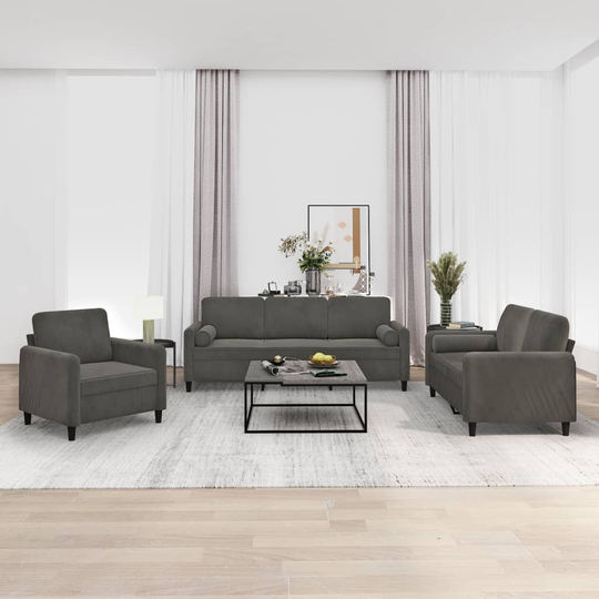 vidaXL sofasæt 3 dele med pyntepuder og hynder velour mørkegrå