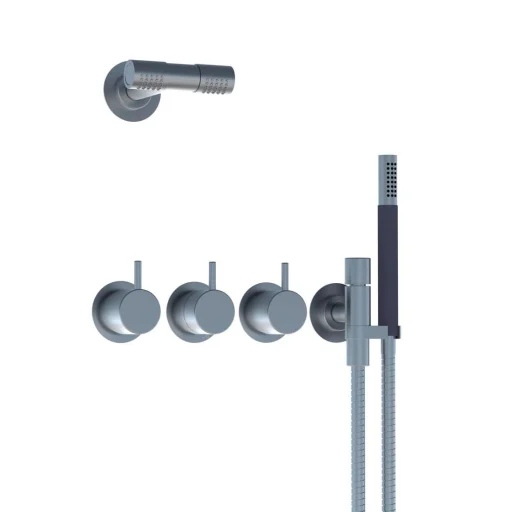Vola 5471R-081D Brusebatteri m/Termostat, Hoved- og Håndbruser, Messing natur