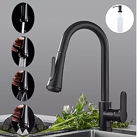 køkkenhane med sprøjte, matsort messing 4-funktions enkelthåndtag et hul knapdesign udtræks-/nedtrækkeligt centersæt moderne køkkenhaner (med sæbedispenser)