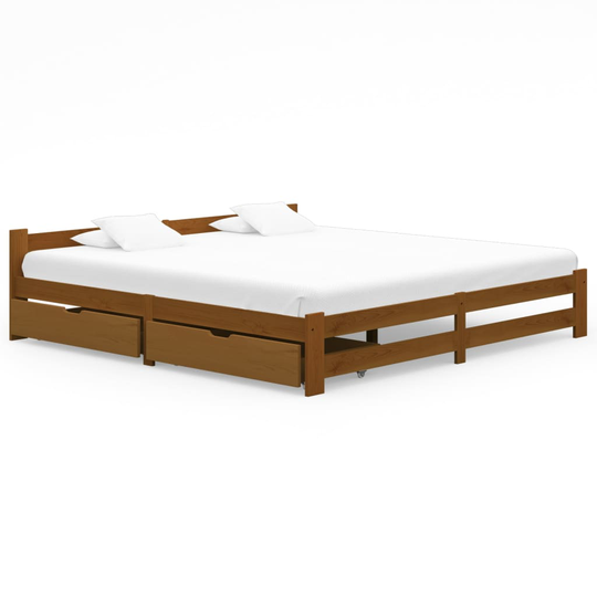 vidaXL sengestel med 2 skuffer 200x200 cm massivt fyrretræ honningbrun