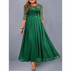 Dame Plusstørrelser Festkjole Blonde kjole A Linje Kjole Helfarve Lang kjole Maxikjole 3/4-ærmer Blonder Rund hals Moderne Fest Sort Vin Forår Sommer L XL XXL