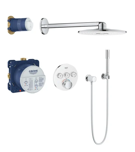 GROHE Grohtherm SmartControl Brusesystem m/Termostat, 3 ventiler & Rainshower SmartActive hovedbruser Ø310 mm, Hvid glas