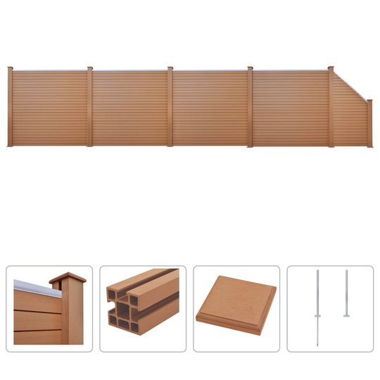 vidaXL hegnssæt WPC 4 firkantede + 1 skrå 799 x 187 cm brun