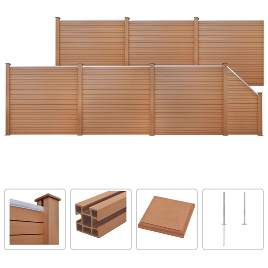 vidaXL hegnssæt WPC 6 firkantede + 1 skrå 1147 x 187 cm brun