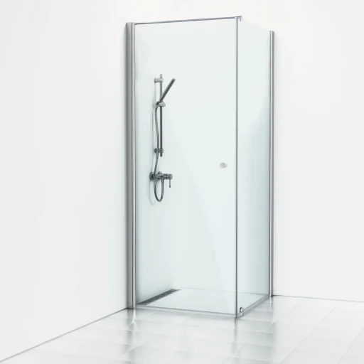 Svedbergs Skoga Brusehjørne 80 x 93 cm, dør og fast væg, højde 225 cm, klart glas/blank alu